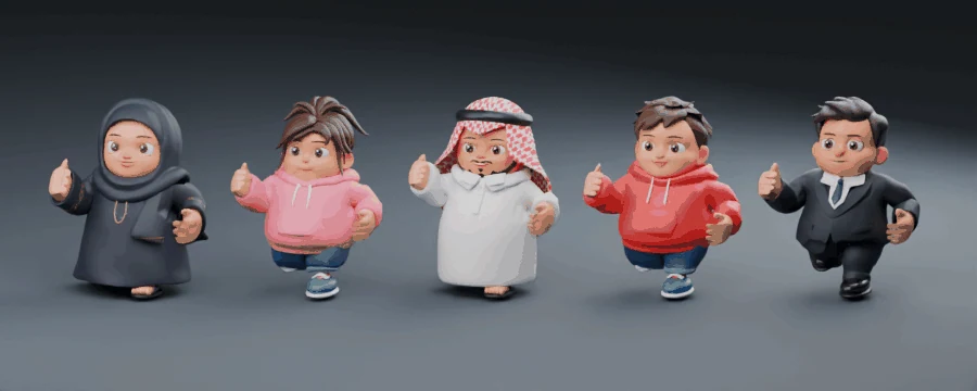 A looping five-character run preview shows changing poses, blinking and secondary cloth and hair movement.