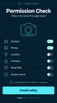 Thumbnail: A cyan permission-check interface with individual switches for camera, photos, location and contacts.