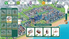 Thumbnail: Education and institutions in a city-building interface, with an illustrated isometric city and colored metric indicators.