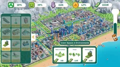 Thumbnail: Green spaces and environment in a city-building interface, with an illustrated isometric city and colored metric indicators.