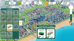 Thumbnail: Entertainment and culture in a city-building interface, with an illustrated isometric city and colored metric indicators.