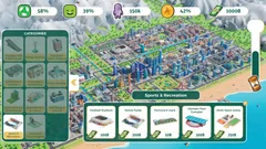 Thumbnail: Sports and recreation in a city-building interface, with an illustrated isometric city and colored metric indicators.