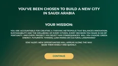 Thumbnail: A city-building mission screen with a single Continue action.
