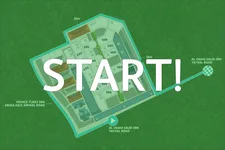 Thumbnail: A large Start prompt overlays a green venue route map.