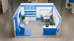 Thumbnail: An elevated view of option B1 shows the blue kiosk, product display, glass-divided seating and reception counter. My work focused on texturing, rendering and the final composition.