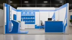 Thumbnail: The full front view shows how the blue and white finishes, illuminated shelving and glass divider read together in the render.