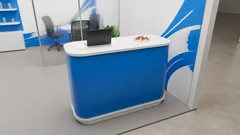 Thumbnail: A close composition of the reception counter shows its blue surface, pale top and soft edge reflections.