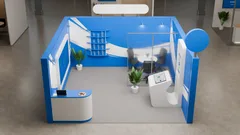 Thumbnail: An elevated view of option B2 shows the white kiosk, curved reception counter, product shelves and meeting area in one complete render.