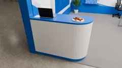 Thumbnail: The counter detail pairs a blue top and base with a curved white front, showing the surface shading across the form.