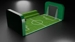 Thumbnail: An angled native view of the miniature pitch, stepped turf bench, end wall and opposite netted goal.