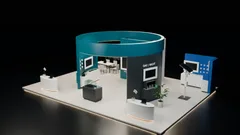 Thumbnail: A front-right native view of the circular teal booth, demo stations, reception counters and meeting area.