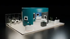 Thumbnail: A complete exhibition layout with a teal circular display structure, curved reception desks, product stations and a glass meeting lounge.