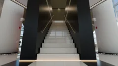Thumbnail: A frontal composition concentrates on the pale stair, metal handrails and contrasting dark walls.