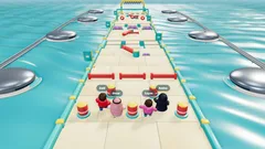 Thumbnail: Four named characters line up on a floating obstacle course, with barriers, rotating hazards and a checkered finish over turquoise water.