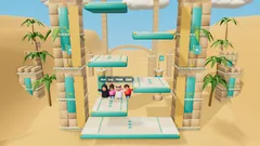 Thumbnail: A vertical course stacks turquoise platforms between desert towers, keeping the four characters and the climb visible together.