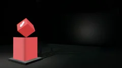 Thumbnail: Red cube with a hand symbol above an unbranded red podium, beside a dark screen and unlit floor traces.