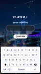 Thumbnail: Dark blue portrait registration design with a blank player-name field, Confirm button and a large on-screen keyboard.