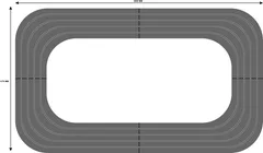 Thumbnail: Gray multi-lane rounded track plan with dimensional arrows around its perimeter.