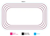 Thumbnail: Rounded multi-lane track plan with pink grooves, black silver-line markers and a cyan exterior boundary.