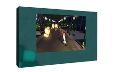 Thumbnail: Teal display mockup showing a forward-view running game with a character, flames and fire extinguishers.