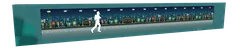 Thumbnail: Wide teal display mockup showing a white runner on a city course with distance markers and traffic cones.