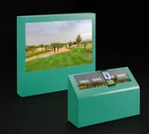Thumbnail: Teal golf-display concept with a large landscape screen and angled console carrying year labels and a phone image.