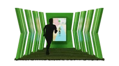 Thumbnail: Running-display concept with green side fins, turf flooring, a foreground silhouette and a portrait game screen.