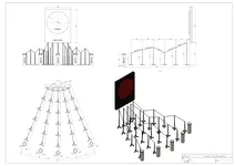 Thumbnail: Dimensioned multi-view drawing of five drum stations arranged in a fan facing a circular wall display.