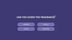 Thumbnail: Purple scent quiz with a question and four answer buttons labeled Lavender, Vanilla, Lemon and Cinnamon.
