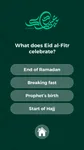 Thumbnail: Green portrait Eid quiz with calligraphic greeting, four translucent answer buttons and a home icon.