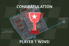 Thumbnail: Dimmed route map with a red trophy and a Player 1 winner message.