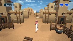 Thumbnail: Runner-game layout showing a character in a sandy low-poly village, a score panel and three sheep-shaped icons.