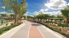 Thumbnail: A complete saved park-section view showing a three-lane running path, trees, planting and a shaded pavilion.