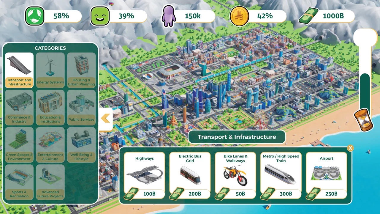 Transport and infrastructure in a city-building interface, with an illustrated isometric city and colored metric indicators.