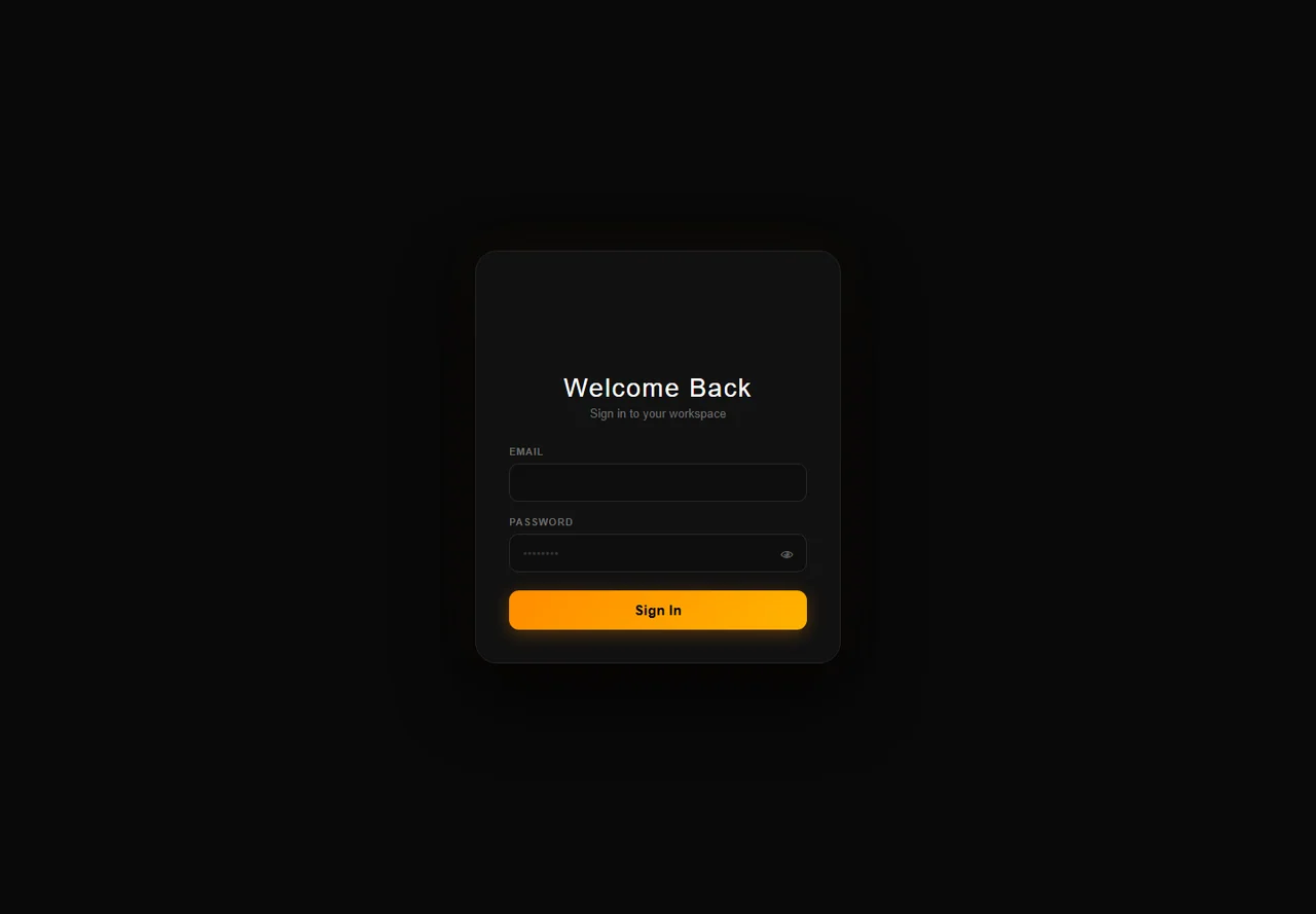 Dark task-board sign-in interface with empty email and password fields and a warm accent button.