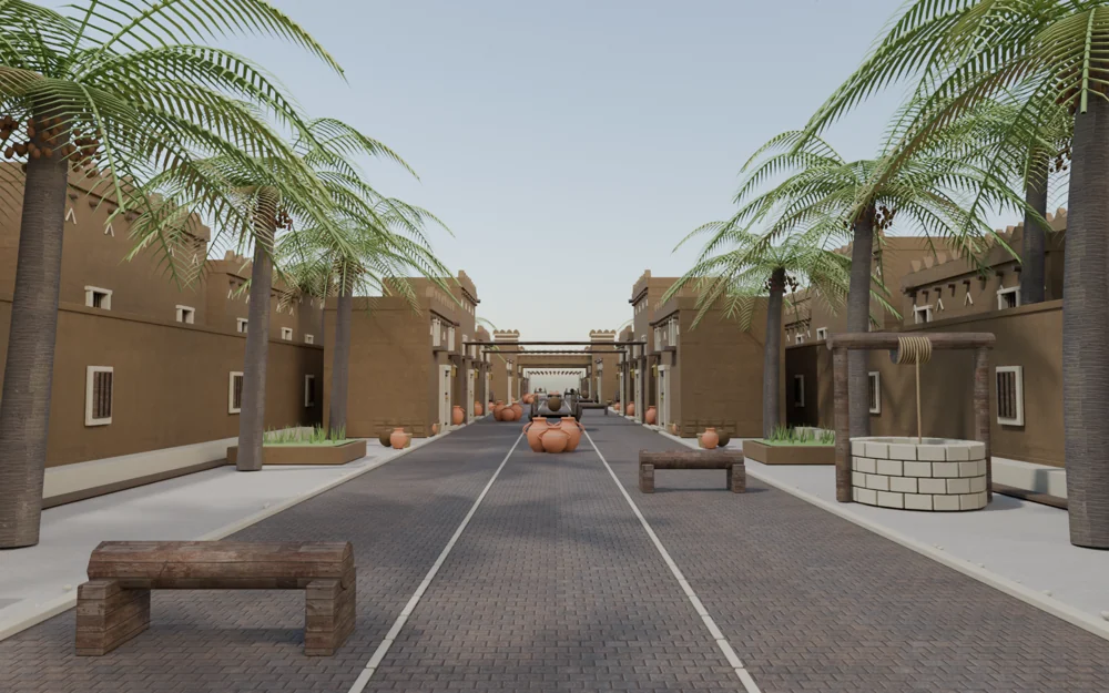 A palm-lined 3D street with mud-brick buildings, pottery and obstacles.