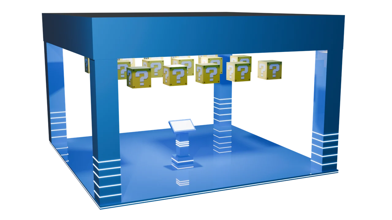 An open blue four-pillar booth with suspended question-mark cubes and a central screen podium.