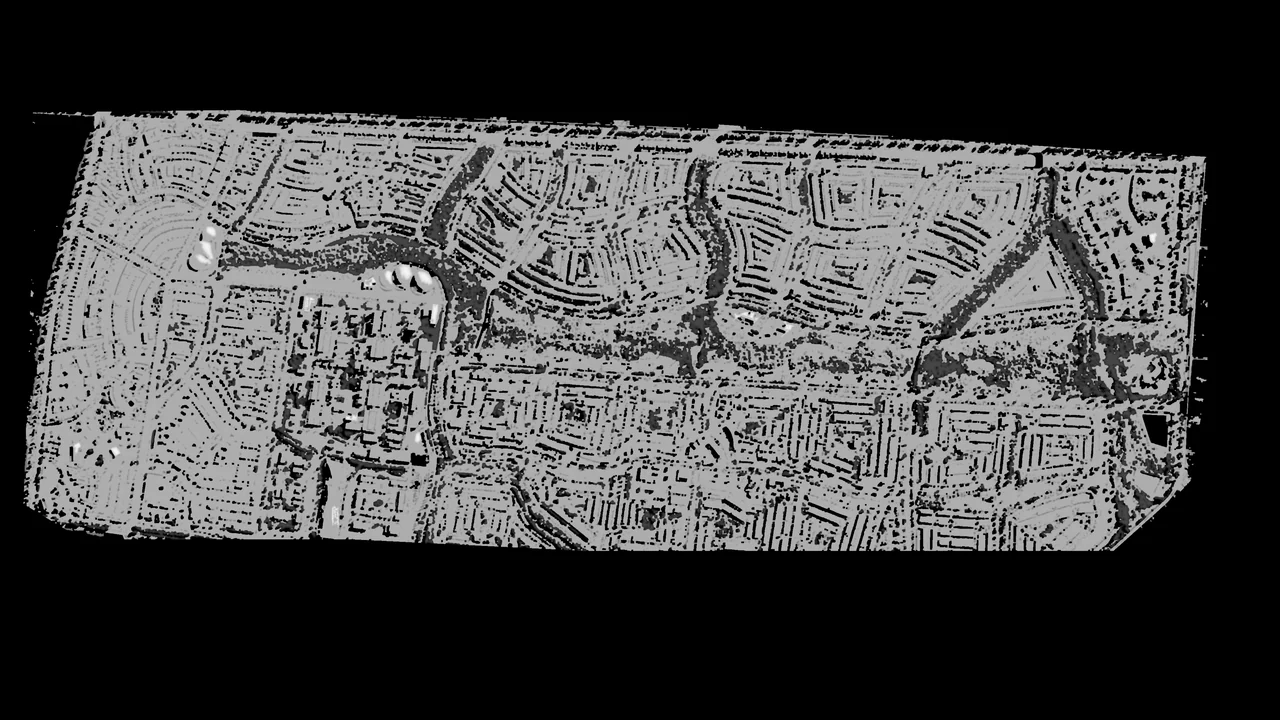 Grayscale map-like architectural contours within a skewed rectangular region on black.