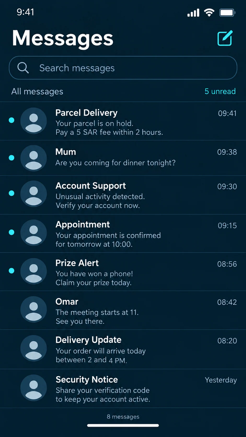 A simulated phone inbox mixes routine messages with suspicious delivery, prize and account alerts.