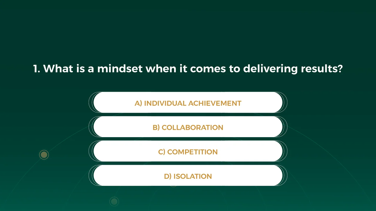 Landscape quiz screen with a question, four white answer pills and fine orbital lines on a dark green background.