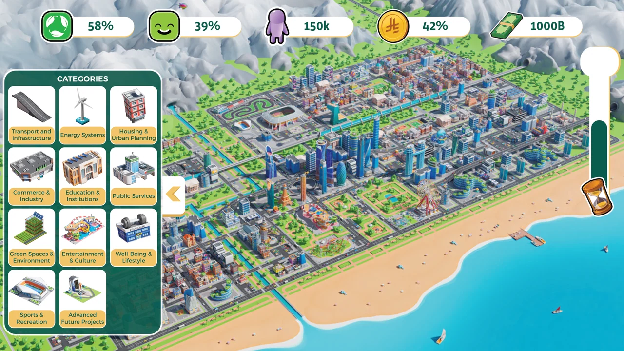 Explore the city in a city-building interface, with an illustrated isometric city and colored metric indicators.