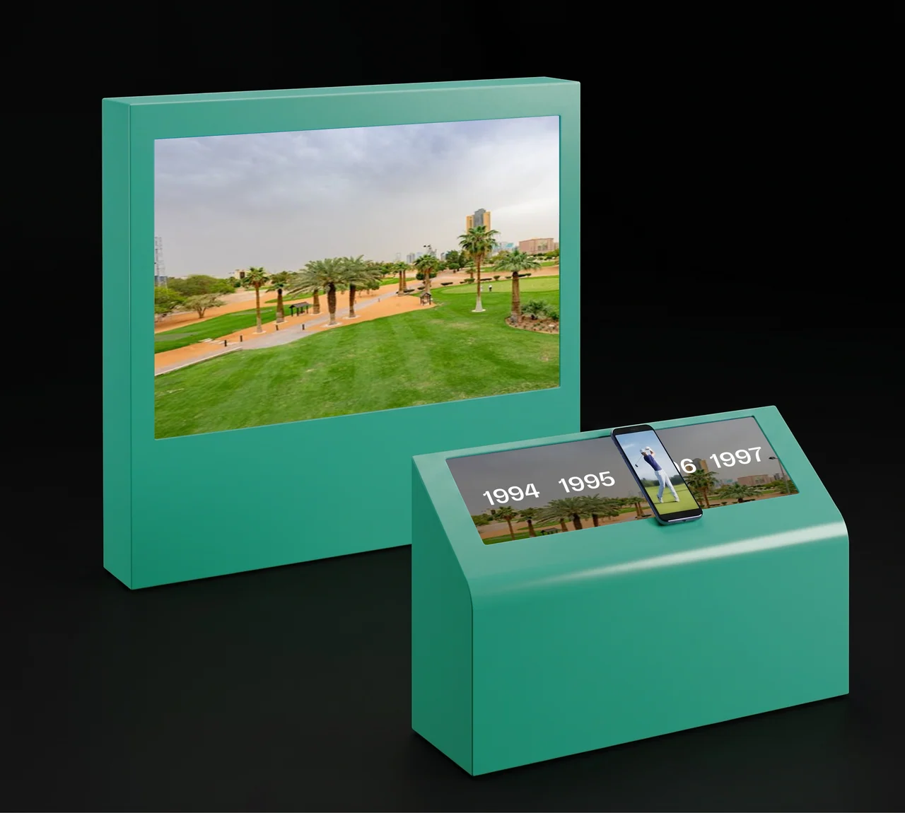 Teal golf-display concept with a large landscape screen and angled console carrying year labels and a phone image.