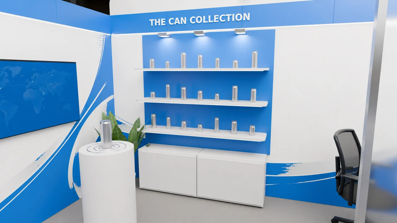 Rows of metal cans catch the display lighting against the blue panel, with white shelving and cabinetry below.