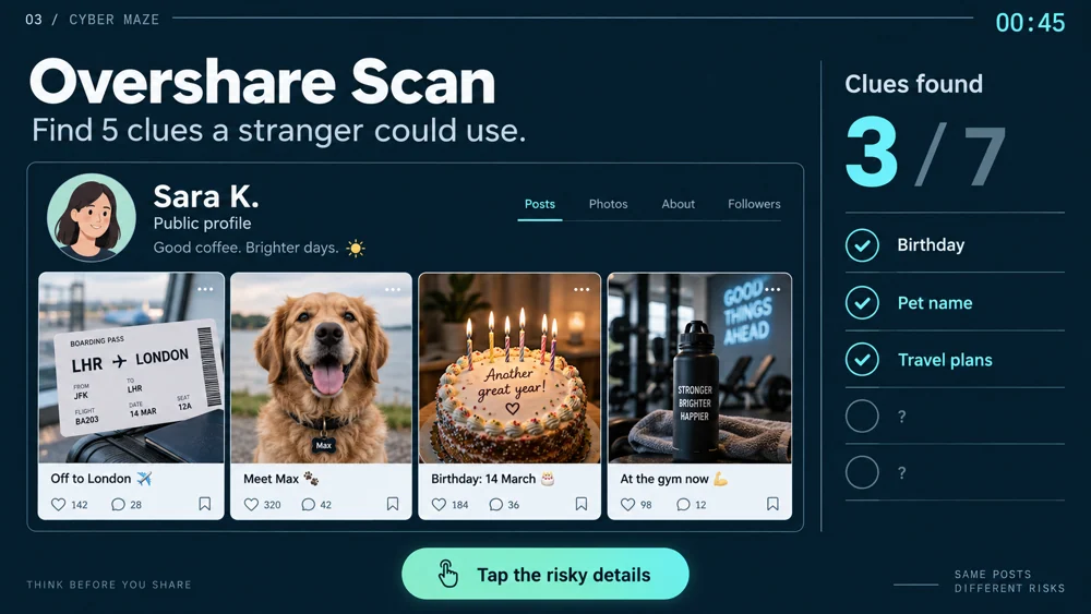 Social-profile awareness activity with a grid of sample posts and clue indicators.