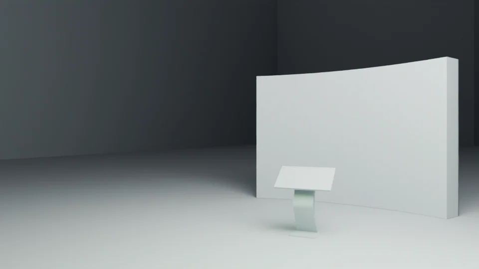 A neutral technical view of a curved display wall and an angled freestanding control plinth.