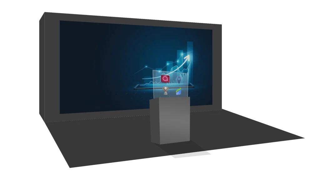 A transparent foreground panel overlaps a large analytics-themed display.
