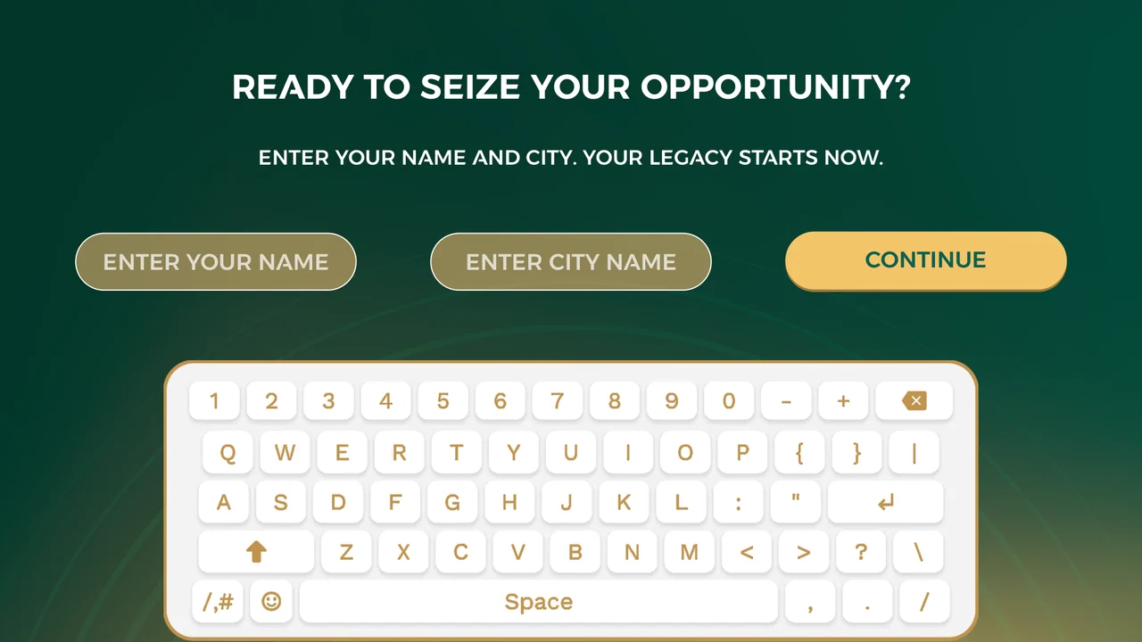 An empty player-name and city-name form with a large on-screen keyboard.