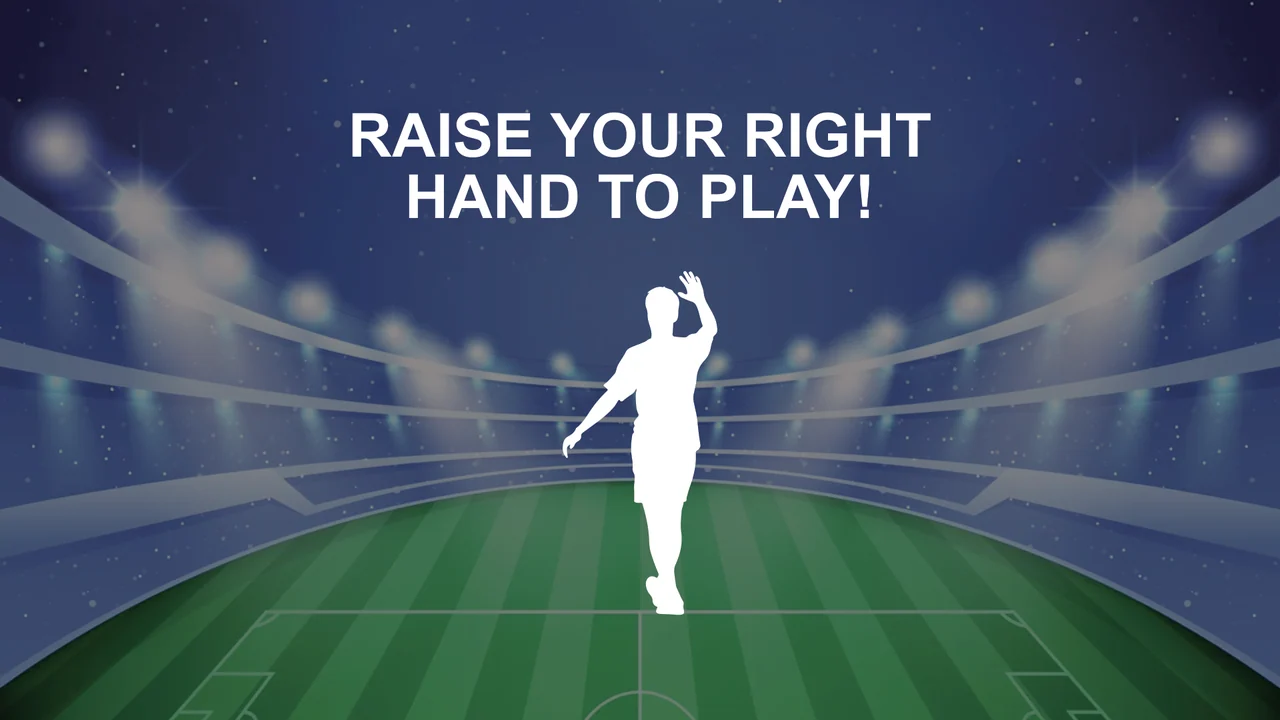 Stadium-themed game start screen with a white raised-hand silhouette and a large gesture instruction.