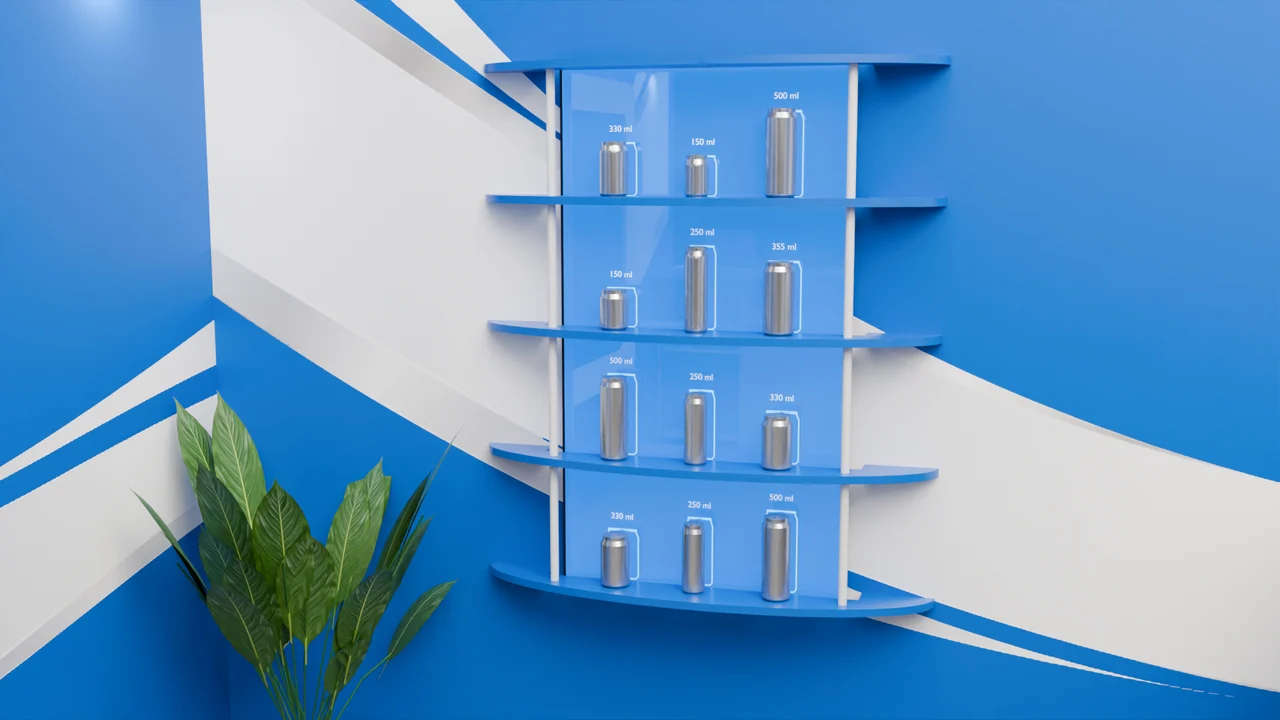 The compact display groups metal cans on curved blue shelves, with capacity labels visible behind them.
