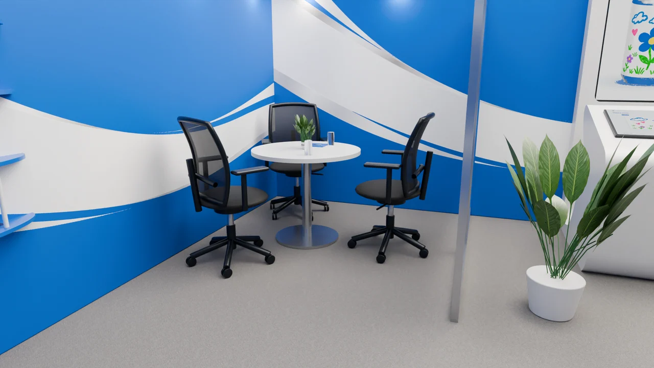 The seating view focuses on dark upholstery, metallic supports, a pale tabletop and the surrounding blue-and-white surfaces.